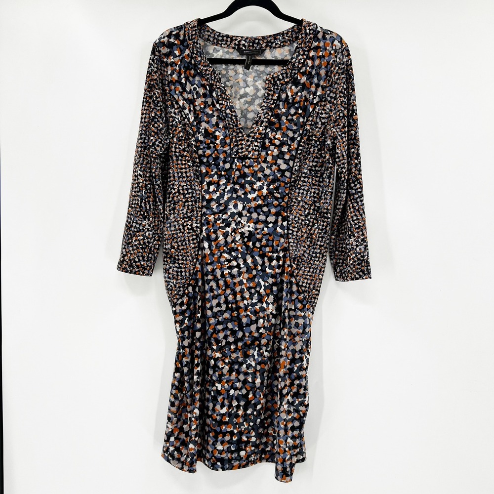 BCBGMAXAZRIA Women's Long Sleeve‎ V-Neck Geometric Print Midi Dress Size L